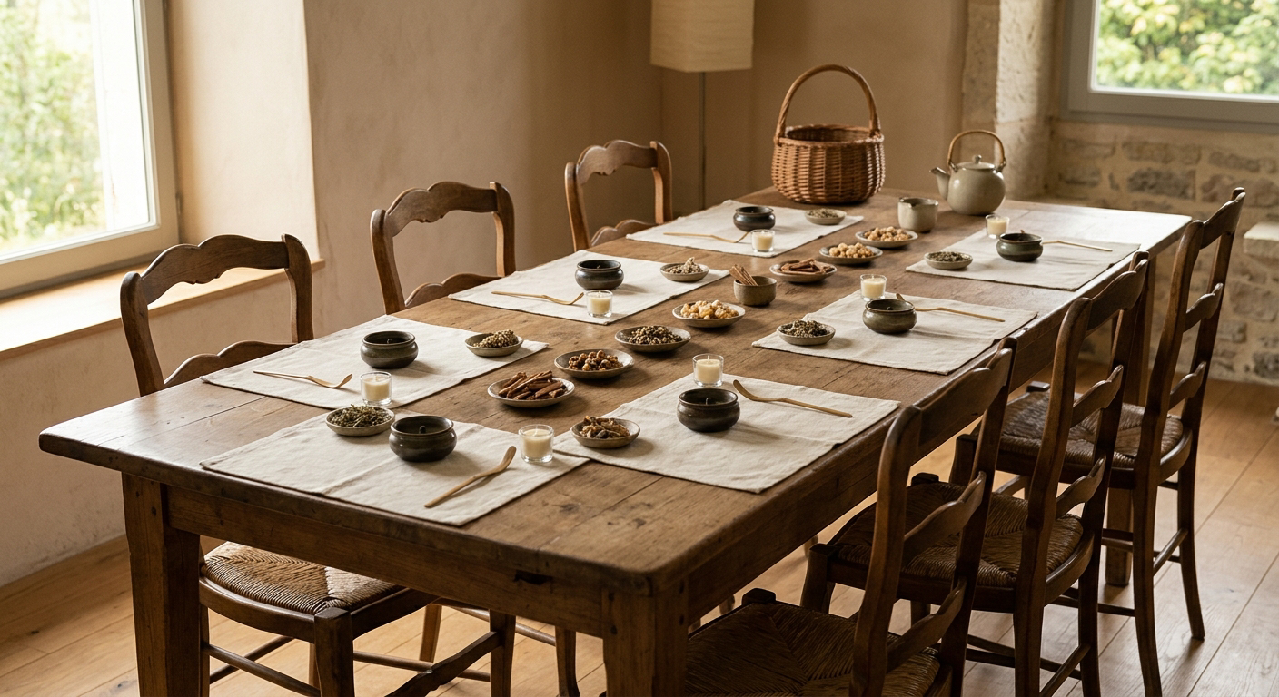 Incense workshop table with materials